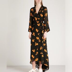 GANNI NWT Fairfax Georgette Wrap Dress Black Floral EU 36 US Small